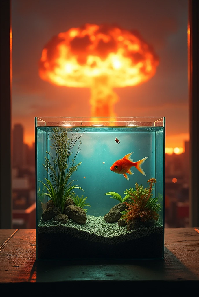 In the middle of a room, On a small table there is a fish tank full of water and in the background a nuclear explosion