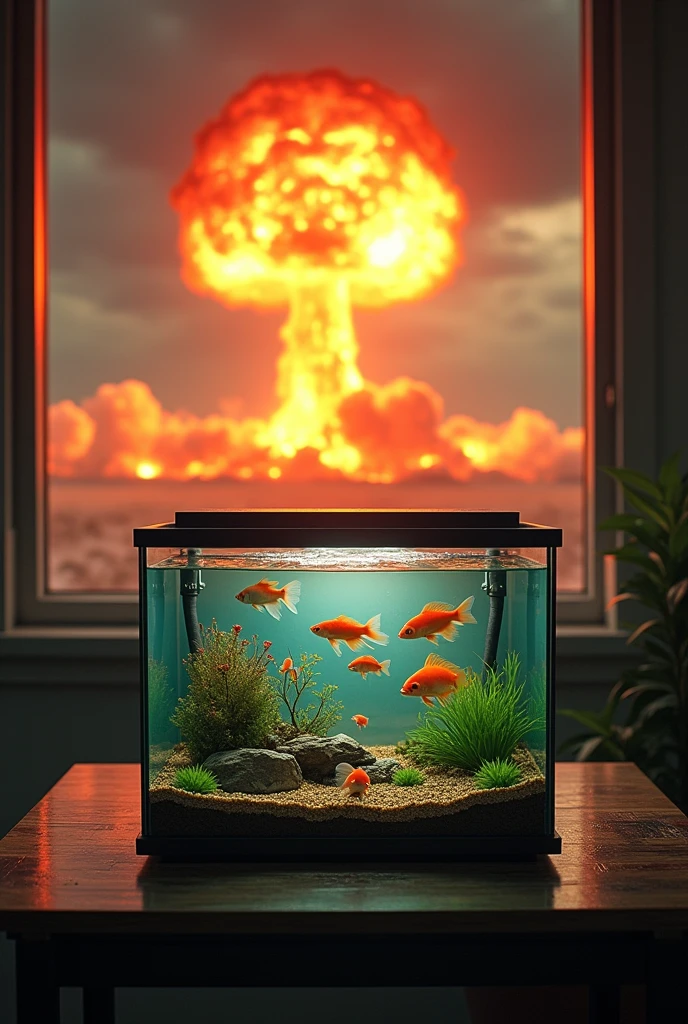 In the middle of a room, On a small table there is a fish tank full of water and in the background a nuclear explosion