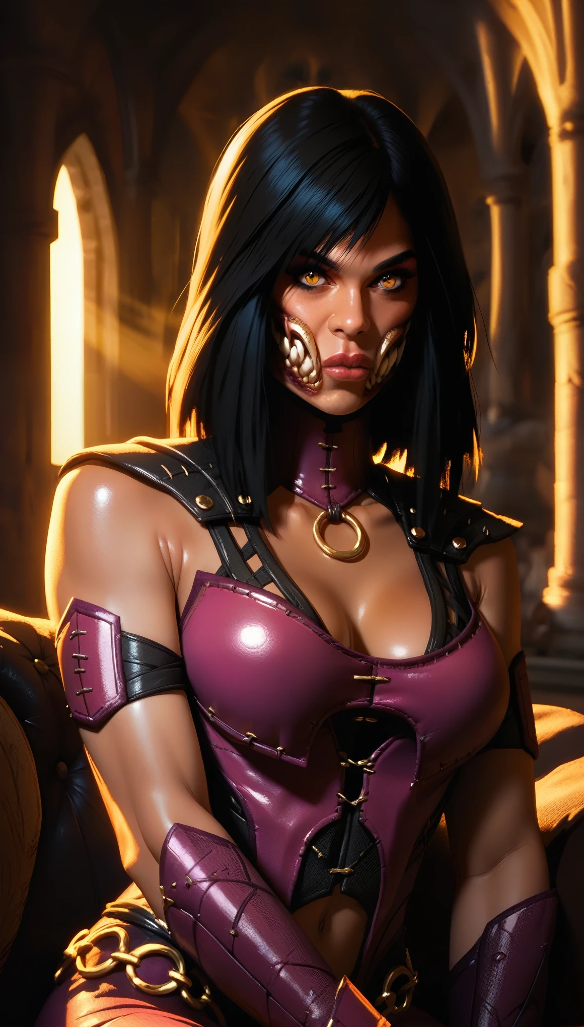 mileena, black hair, ponytail, lips,   brown eyes,
pink bodysuit, 
upper body, serious,  sitting, 
morning, royal castle, mortal kombat, 
(insanely detailed, beautiful detailed face, masterpiece, best quality), 