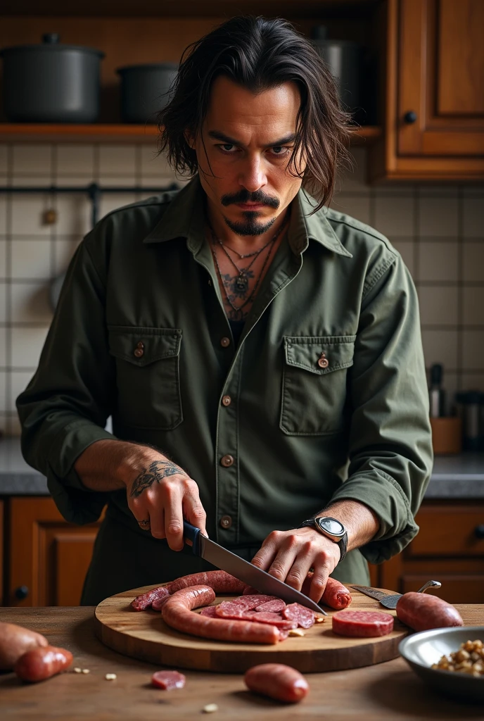 johnny depp cutting bulgarian lukanka in the kitchen