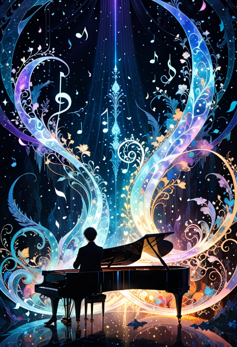in style of Harry Clarke,in style of Jaehyo Lee, atby gustavdore,Ethereal musicians,spectral in form,perform in an otherworldly concert,3d render with ethereal particles floating,resembling musical notes and instruments,Symphonies shaped like ice,daily theme transformed into an image filled with ineffable sonder,ethereal,meticulously crafted,well-lit with contrasting sharp details,powerful and thought-provoking visuals,saturated colors,beguiling dreamlike render,stunning,