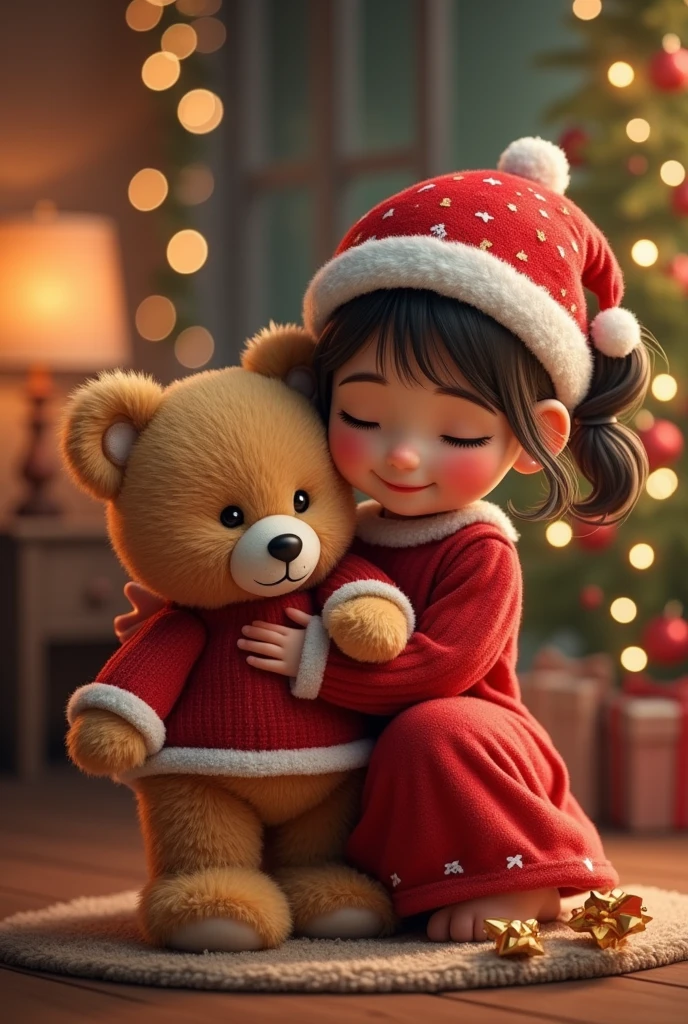 Stuffed teddy bear, teddy bear wearing Christmas clothes, girl holding and smiling at teddy bear, Christmas decorations in the room