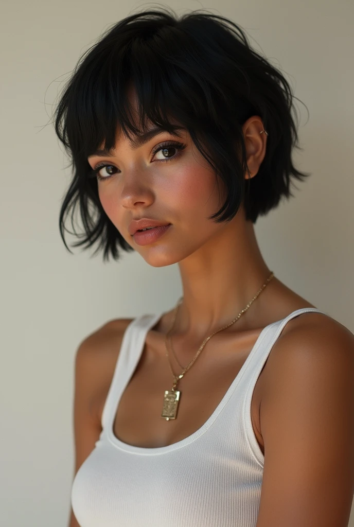 (Photo-realism), (Best quality, masterpiece, full of details), teenage girl, latina, tomboy, brown skinned female, tan brown skin, beautiful face, gorgeous supermodel face, detailed black eyes, short black hair, Pixie cut, white tank tops, skinny body 