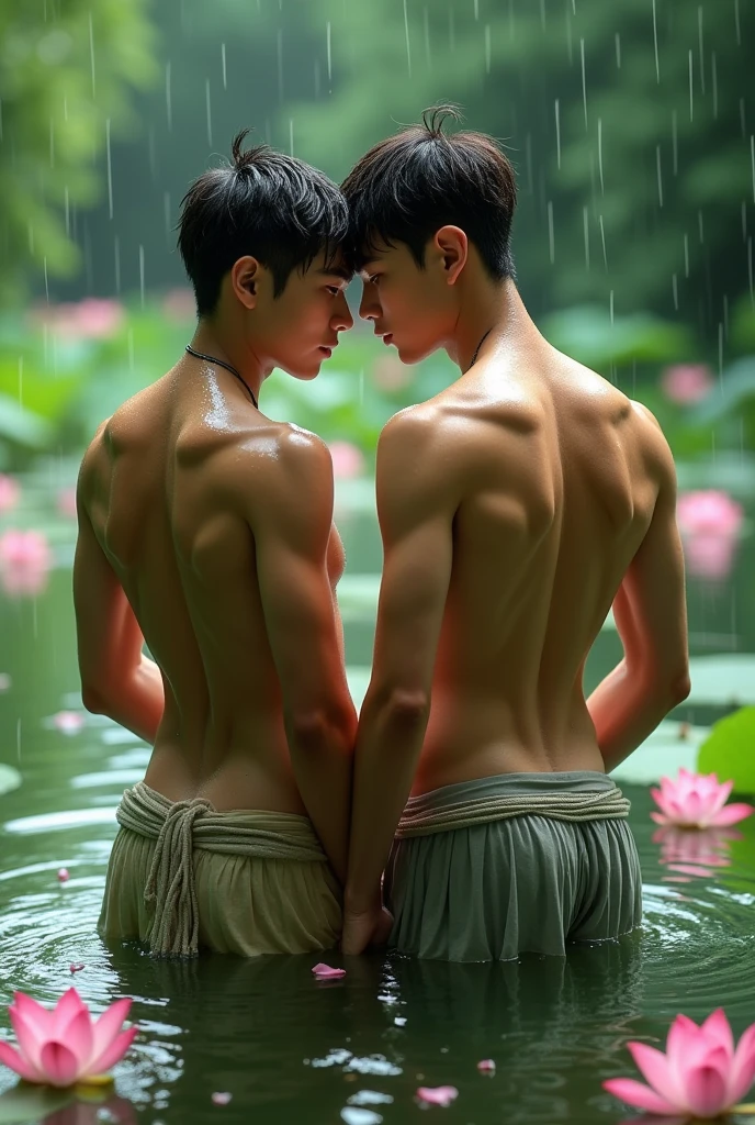 Two slim attractive Asian male teenagers dress in wet and short native sarongs touching each other's butts while in the lotus lake at rain falling time