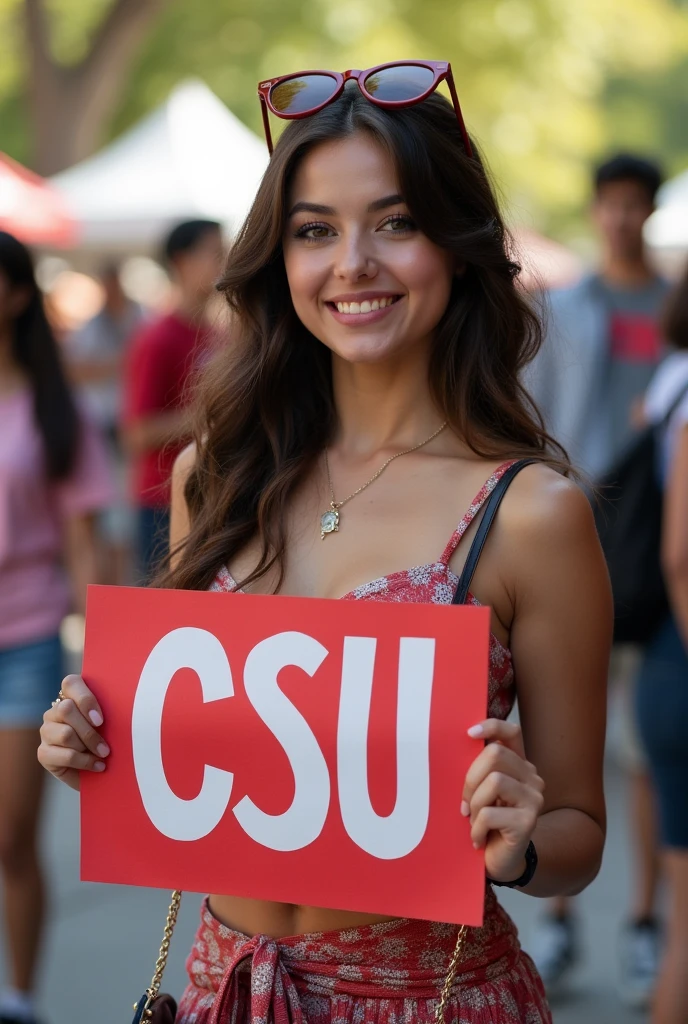 Beautiful female promoter holding sign that says CSU ping pong