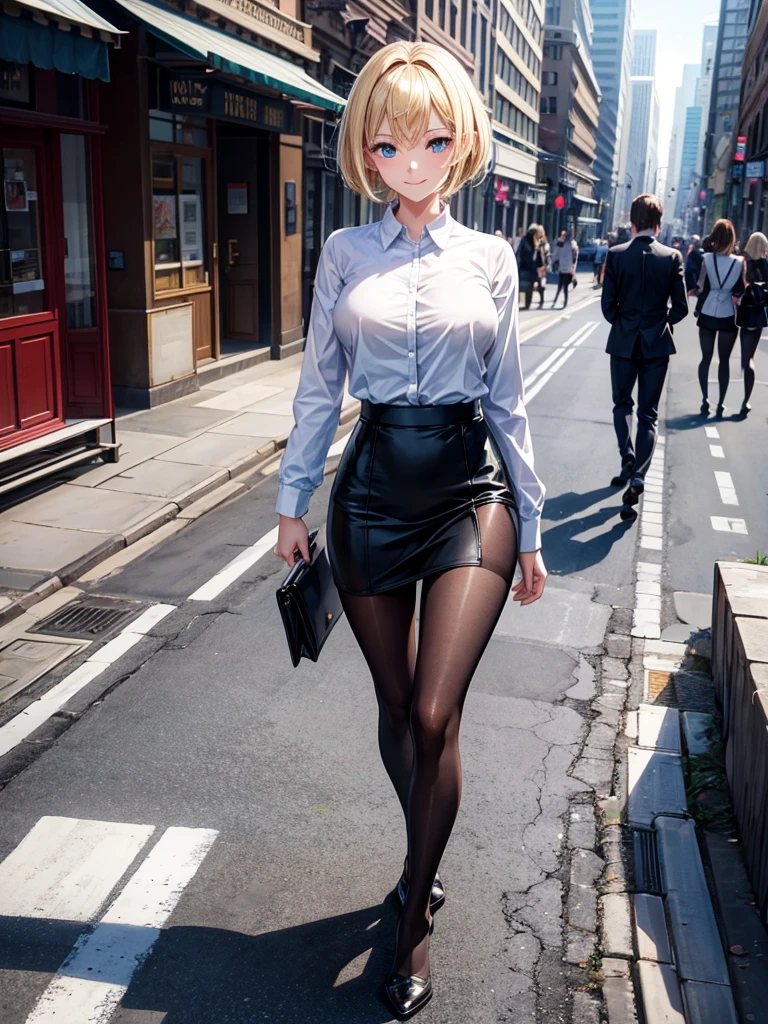 Anime style, super fine illustration, highly detailed, beautiful detailed, perfect detailed, super high quality image, static representation, gentle expression, happy expression, the pretty image, 8k, pretty 1girl with blonde straight short hair & blue eyes & a bright smile & full bust & soft fair skin is a career woman not to show her skin wearing the business shirt & black tight skirt & black pantyhose on the urban business buildings street, in the morning, solo, perfect fingers, no more fingers, no less fingers, perfect arms, no more arms, perfect legs, no more legs, no more hair, masterpiece.
