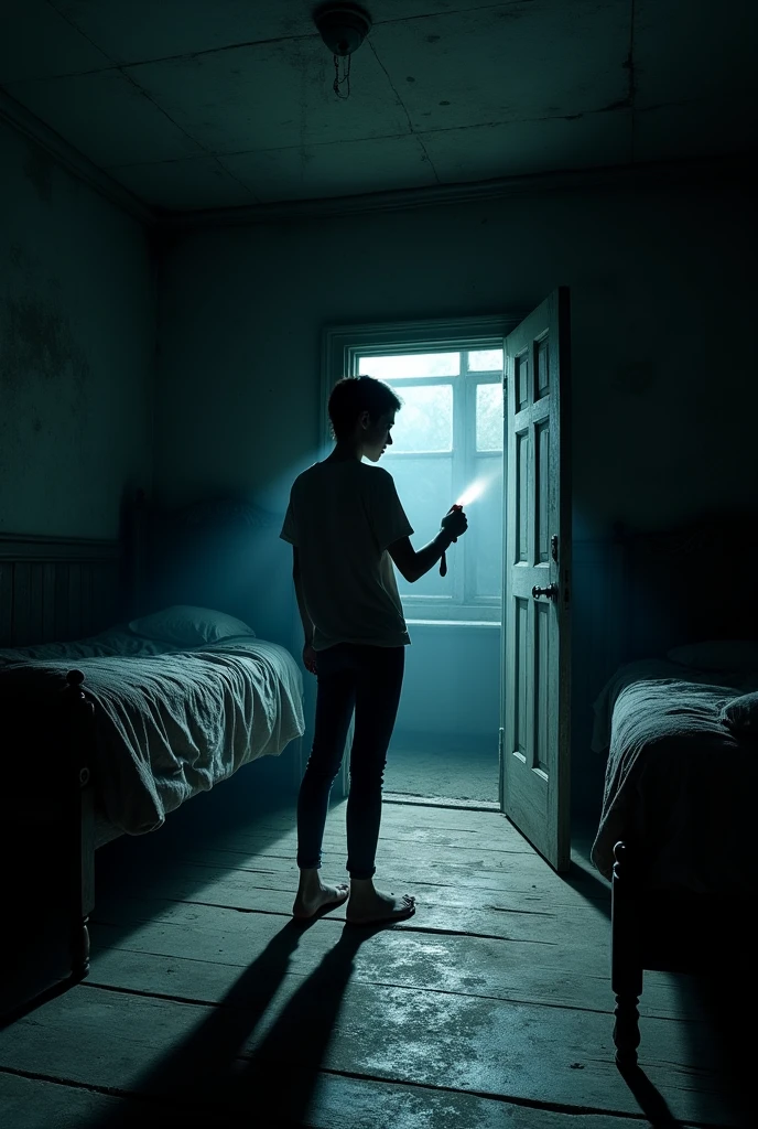 "Waking up in a dark room with a flashlight in hand"
"You open your eyes and see the worn ceiling of an old room., the smell of mold and dust filling the air. As you get up from your old bed and your feet squeak on the wooden floor, you feel a cold flashlight in your right hand. The beam of light cuts through the surrounding darkness, revealing dust-covered antique furniture, cobwebs in the corners and a partially open wooden door in front. The distant sound of wind passes through a broken window, and the slight movement of the shadows seems to mess with your mind as you prepare to explore the mysterious old house, with the flashlight shaking slightly in his hand."