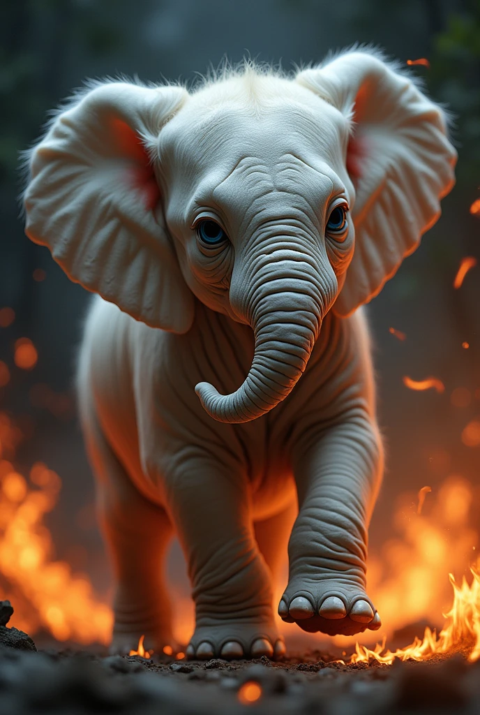 Baby Elephant , white , scary, fire