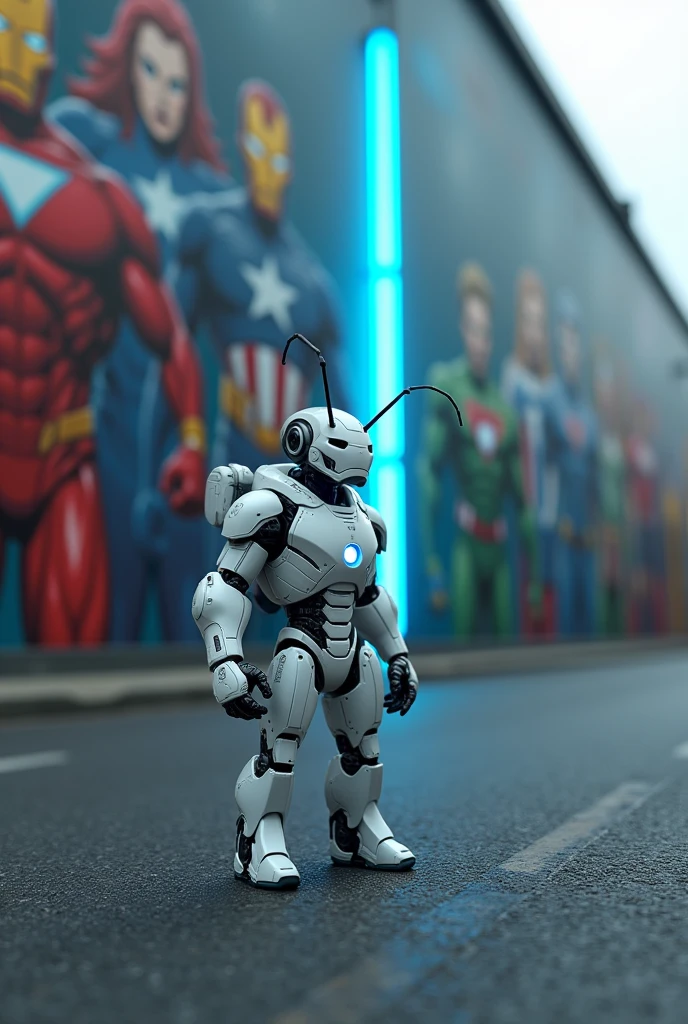 An ant standing on road with iron man suit and background is wall on that wall with wallpaper of super heroes and neon blue light and suit in white colour sitting on chair