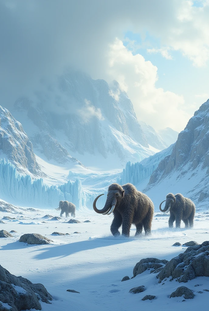 "Create a detailed scene set during the Last Ice Age, capturing the vast, frozen landscape dominated by towering glaciers and snow-covered plains. Massive ice sheets stretch across the horizon, reflecting a pale, cold sunlight. In the foreground, depict a group of woolly mammoths trudging through deep snow, their thick fur covered in frost. The sky is a mix of icy blues and grays, with swirling snowflakes driven by a biting wind. In the distance, you can see rugged mountains partially obscured by fog and ice, adding to the sense of a harsh, prehistoric world."
