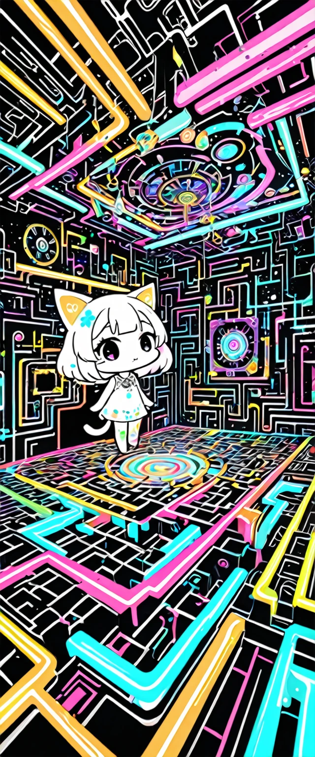 clockwork, mysterious clockwork space, maze, labyrinth shaped, labyrinth space divided by neon line lights, dripping fluorescent paint, iridescent flowers blooming from the point of impact, chibi girl and cat peeking out from the side, black and white and pastel colors, transparent, mysterious and funny high and fine artwork