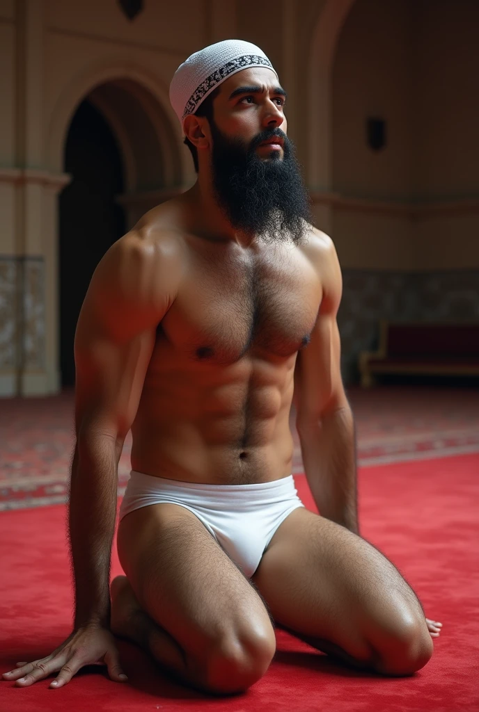 There is a young Iranian man with a strong beard and hair kneeling on a red carpet in white underwear with an Islamic cap on his head..  watching closely.