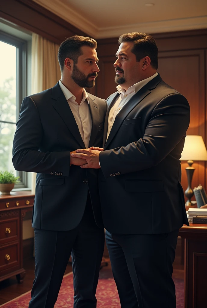 The poster is of two men, one in an elegant suit who is supporting a man of approximately 120 kilos are inside an office, The title of the poster is Angel Hernandez the right hand
