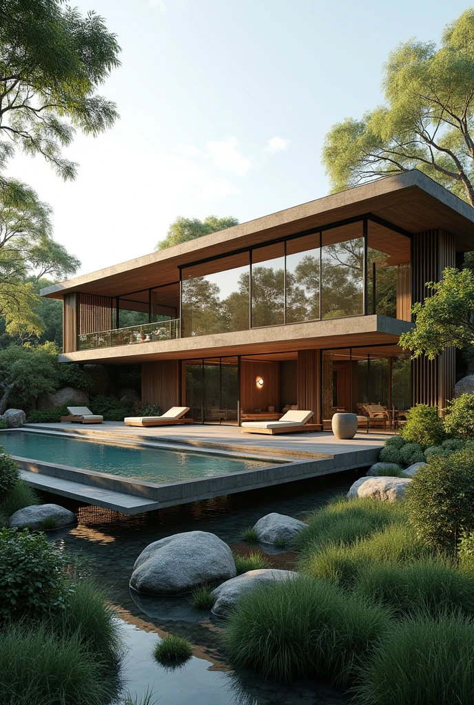 Zen silence and a sense of oneness with nature、Minimalist design in harmony with nature。Large glass windows and a garden、The whole house is designed to blend in with the natural surroundings.。The interior is simple yet、Warm wood and stone materials are used.、A luxurious mansion with a space that gives you a sense of peace of mind