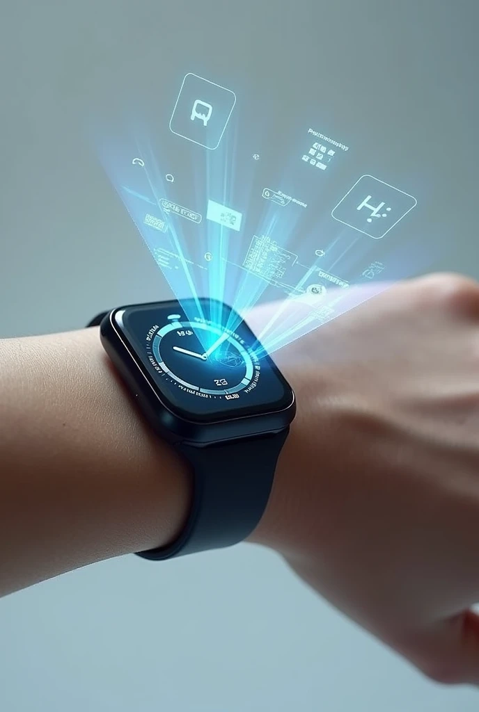 I WANT YOU TO GIVE ME IMAGES OF RESPECT FOR A SMART WATCH WITH A OLOGRAM FUNCTION IN THE AIR BUT WHAT COMES FROM THE WATCH AND AN INTERACTIVE SCREEN WITH AN OPERATING SYSTEM. THE WATCH MUST BE FOUND ON A HAND.