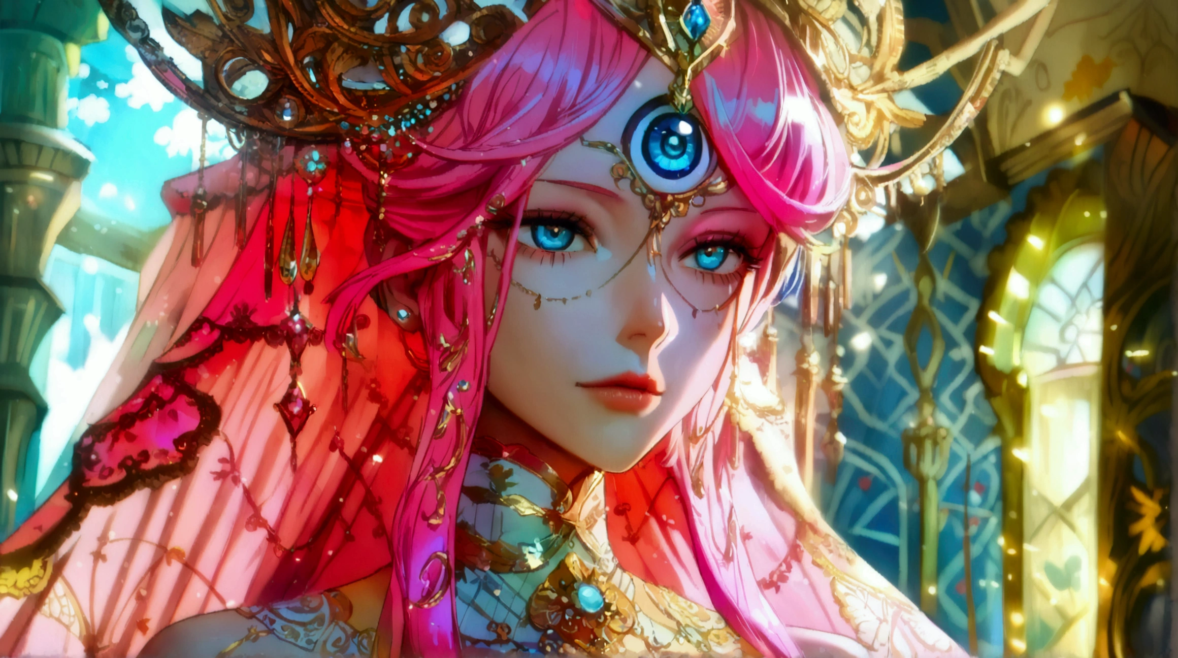 Woman with third eye on forehead, pink hair with gold clips, elegant white outfit and pink robe on top, necklace with eye symbol, arrogant expression, luxurious mansion background, ((Intricate anime character design inspired by One Piece)), ((Stunning lighting)), ((Fine lines)), ((Stunning focus)), ((Centered character)), ((Stunning face)), ((Detailed focus)), ((Detailed background)), ((Ultra-fine 2D design)), ((Creative backdrop)), ((2D masterpiece)), ((Best quality)), ((8K anime style)), ((Full body))