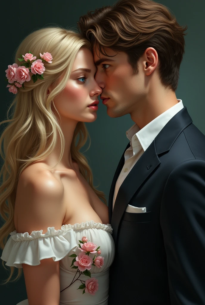 dark background, blond-haired woman with blue eyes in a white dress with pink flowers, brown-haired man in a suit with green eyes and a brown spot in his right eye 