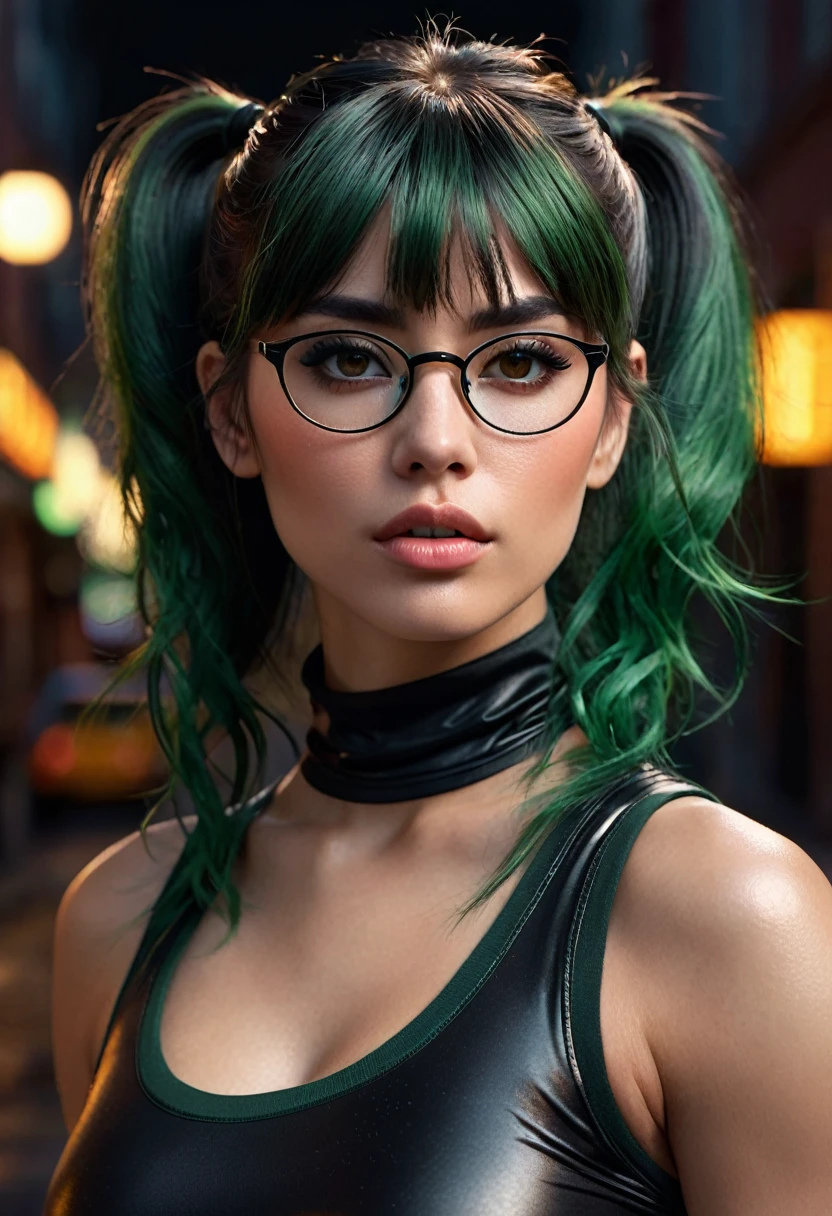 1 woman, inside a city at night, female muscular body, serious expression, wearing a black sleeveless turtleneck; (female brown eyes), detailed fair skin, large breasts, dark green hair with bangs in a ponytail, defined female body, dramatic lighting, cinematic composition, wearing prescription glasses, dark palette, dark colors, atmospheric haze, thin chin, soft face, serious face, beautiful woman, adult woman, ultra realistic, adult woman (best quality, 4K, 8K, high resolution, artwork: 1.2), ultra detailed; serious face, strong woman, (realistic, photorealistic, photorealistic: 1.37)(((a woman with dark green hair and messy bangs and her hair in a ponytail 1.7)))(((very beautiful))), perfect face, dark and cool palette, 8K, glossy lips, extremely detailed (high quality, realistic, photorealistic: 1.37), ideal proportions and detailed skin and defined and meticulously crafted features, unapproachable beauty, perfection, art, vivid realism, hyper-detailed sculpting, realistic shapes, truly inspiring, impeccable craftsmanship, serious facial expression, pure brilliance, ethereal beauty, delicate contours, striking poses, sublime beauty, subtle nuances, dynamic compositions, vibrant colors, perfect lighting, moving expressions, heavenly aura, majestic presence, dreamlike atmosphere, unmatched high level of detail, high octane rendering in artstation, 8k art photography, photorealistic concept art, cinematic soft natural light volumetric, chiaroscuro, f