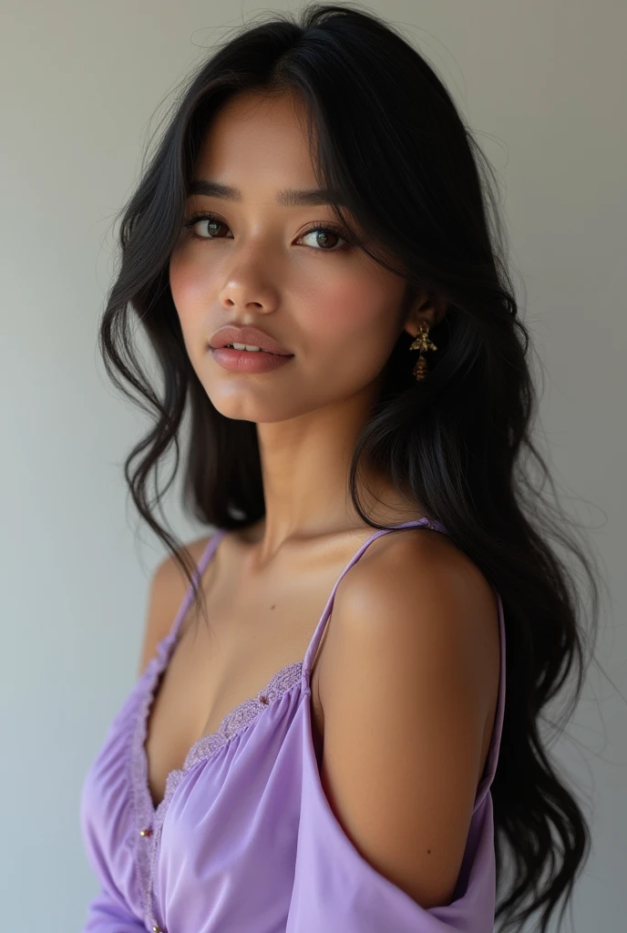 A Very Beautiful White and Fair skinned Girl, whose age is 24, Her hair style is layer cuttee, her hair is black in colour, hour glass body, heart shaped lips, deep set attractive eyes, Raised nose, Round ear shape, Large chest and breasts, plain white skintone, wearing normal lavender frock, she is indian, her body is hour glass and normal size, normal cheeks,