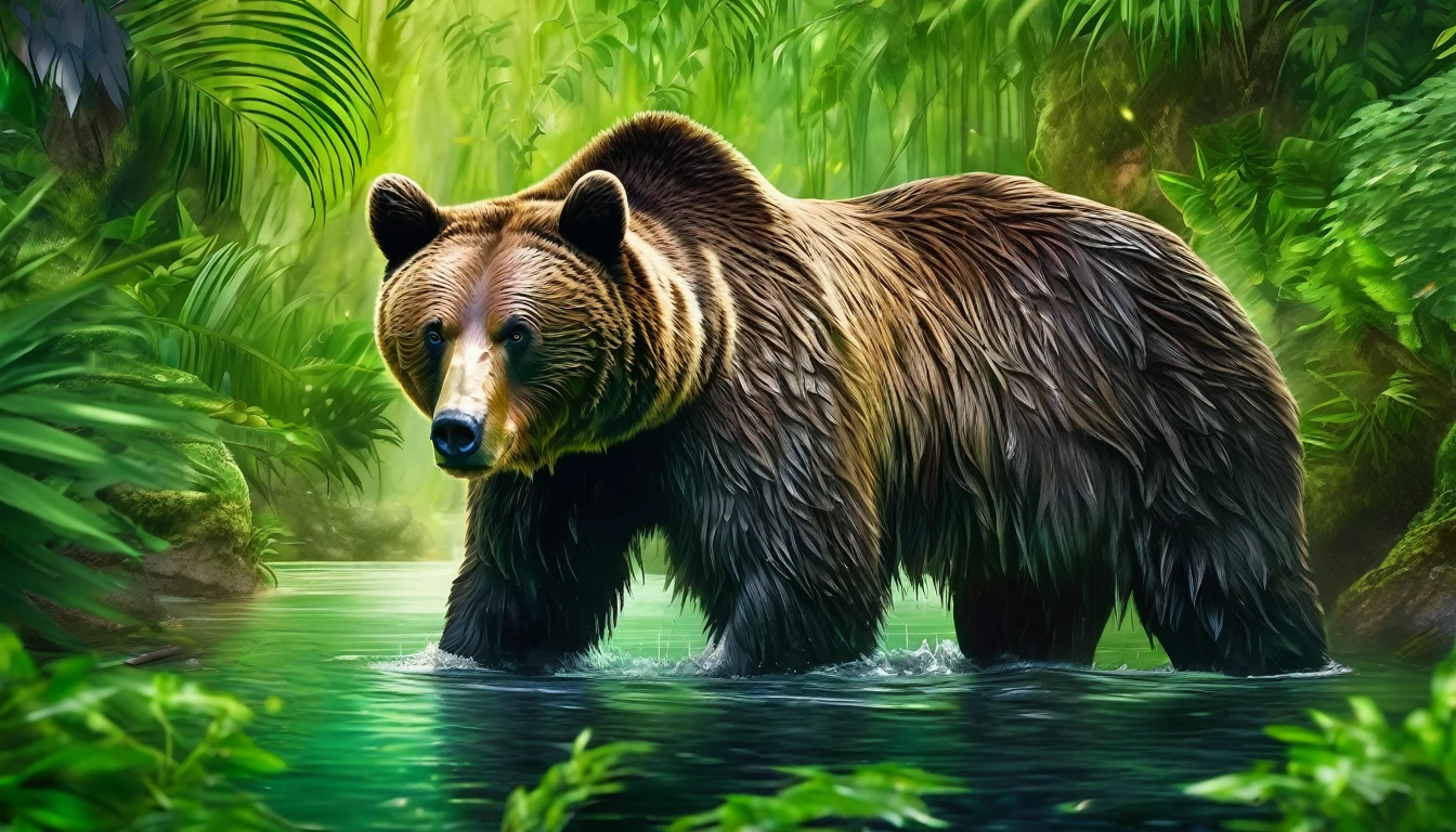 beautiful bear captured in a lush green jungle, the bear is in the middle of the photo, the look is lively, with a reflection of water. The bear's fur is brightly colored, with a lively look and striking green eyes. The image is sharp and detailed, with high quality, creating a sense of depth and focus on the bear, breathtaking images, high definition. (ultra realistic) extreme details, (best quality, 4k, 8k, high resolution, masterpiece: 1.5)
