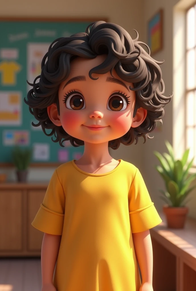 girl in preschool, short hair below the cheeks, with curls, brown eye color coffee, long eyelashes, Venezuelan, clear skin, middle nose, at his school, uniform shirt chemise yellow color, He is smiling inside his school. Beautiful and chubby