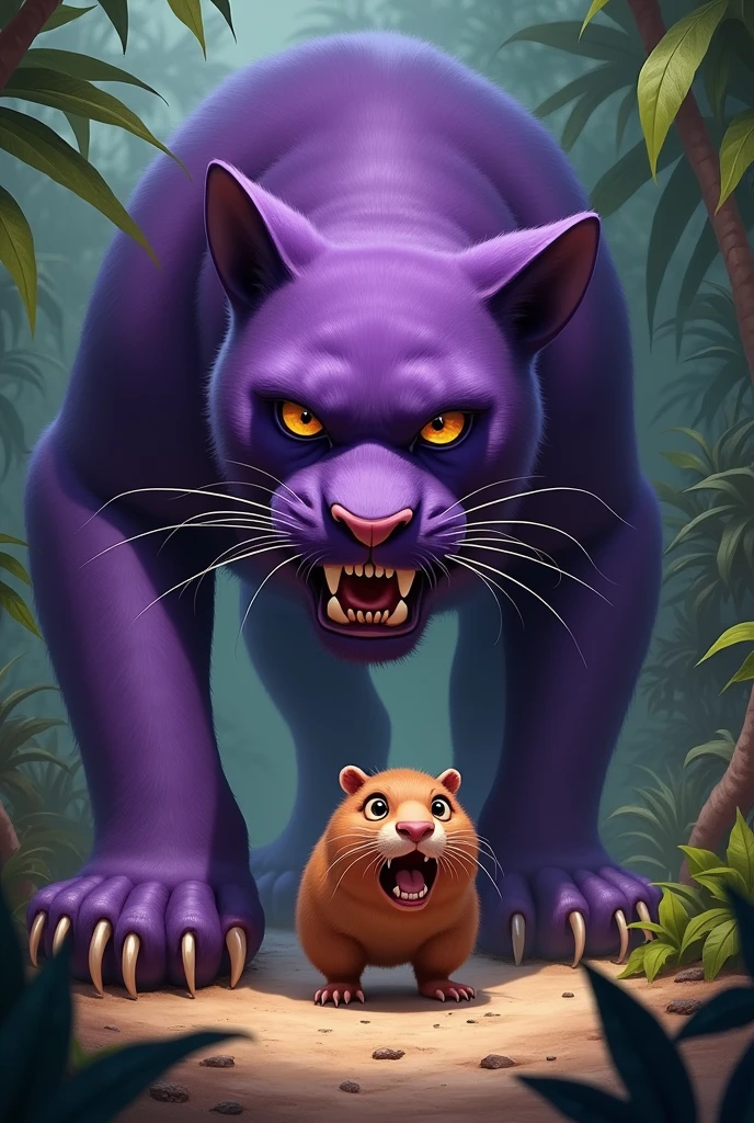 Make me a purple panther attacking a capybara, small and very scared