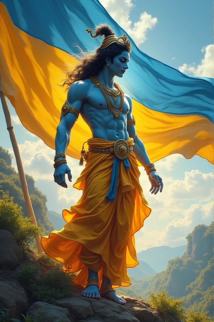 Krishna in the background yellow and blue flag in krishna hands