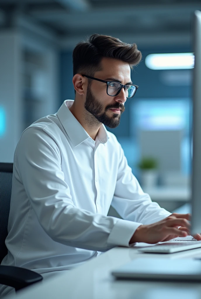 Man in white clothes, glasses and computer