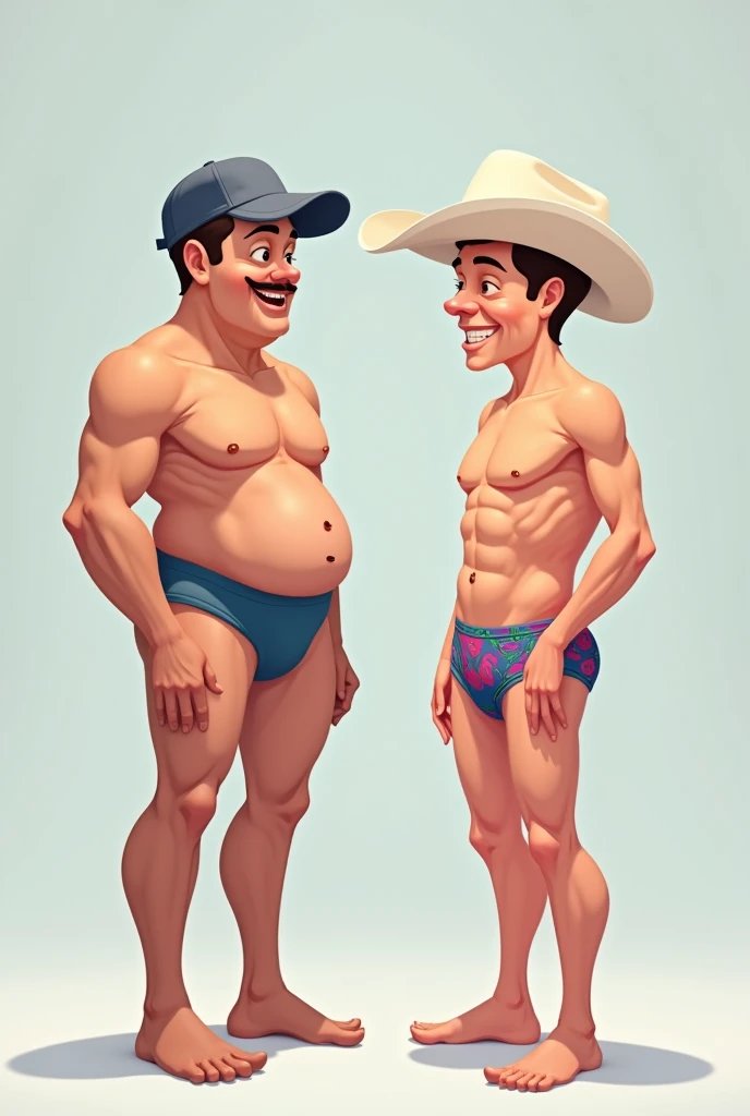 Full body digital illustration featuring two men standing and facing each other against a plain grey background. The man on the left is shirtless, wearing a cap, extremely tight blue briefs, barefoot. He has a light skin tone, a mustache, and a slightly stocky build with rounded belly. The man on the right is also shirtless, wearing a white cowboy hat, tight brief with vibrant pattern, barefoot. He has a light skin tone, a thin muscular build, and a clean-shaven face. Both men are smiling and appear to be having fun.