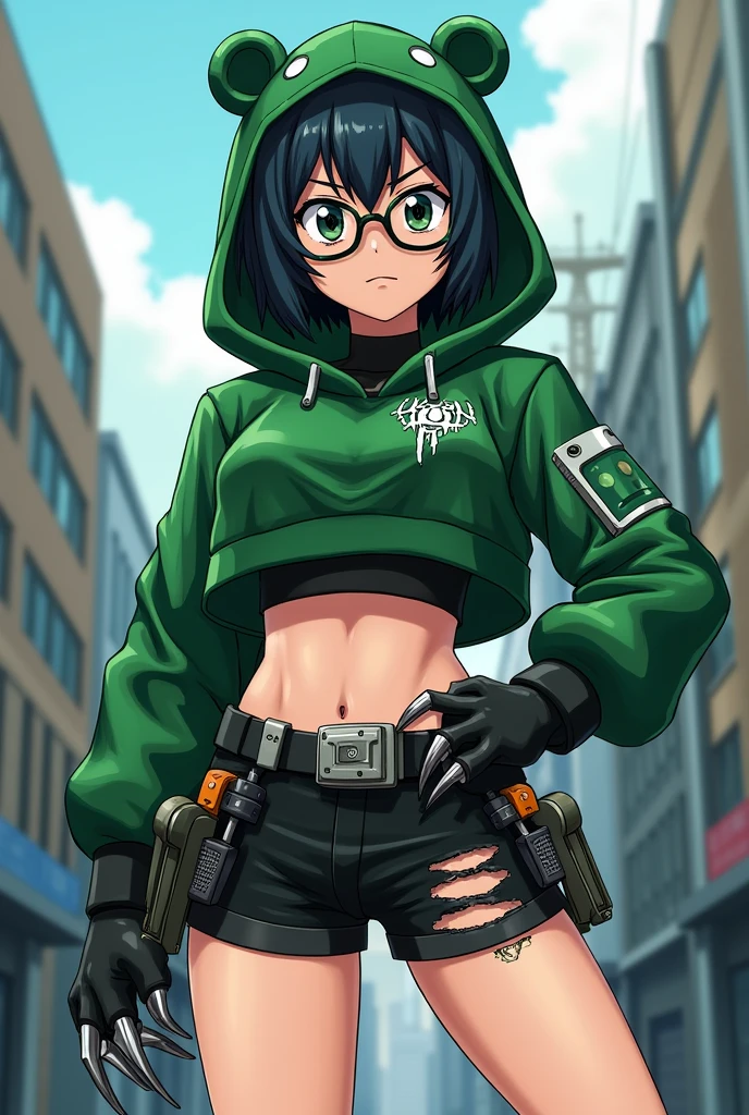 A teenage girl with short black hair and glasses, with a green bear-inspired villain costume, a black crop top with green, ripped black shorts, gloves with metal bear claws, and a belt full of tools, bnha anime style