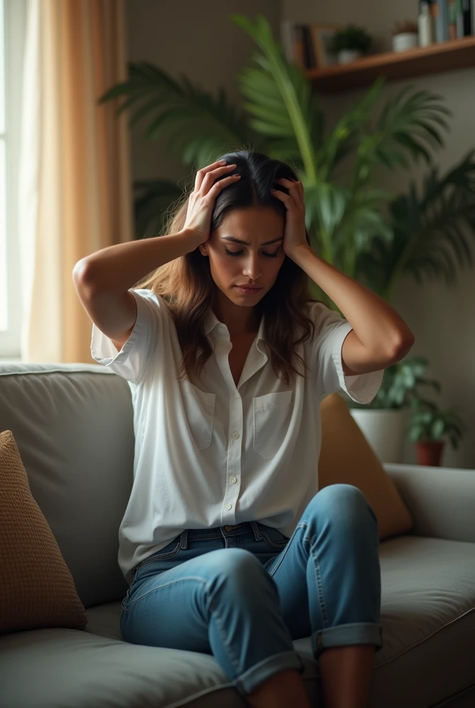 A Brazilian woman in her home, sitting not sofa, Wearing a white shirt and jeans, with their hands on their head and looking desperate because they don't know how to organize their wedding