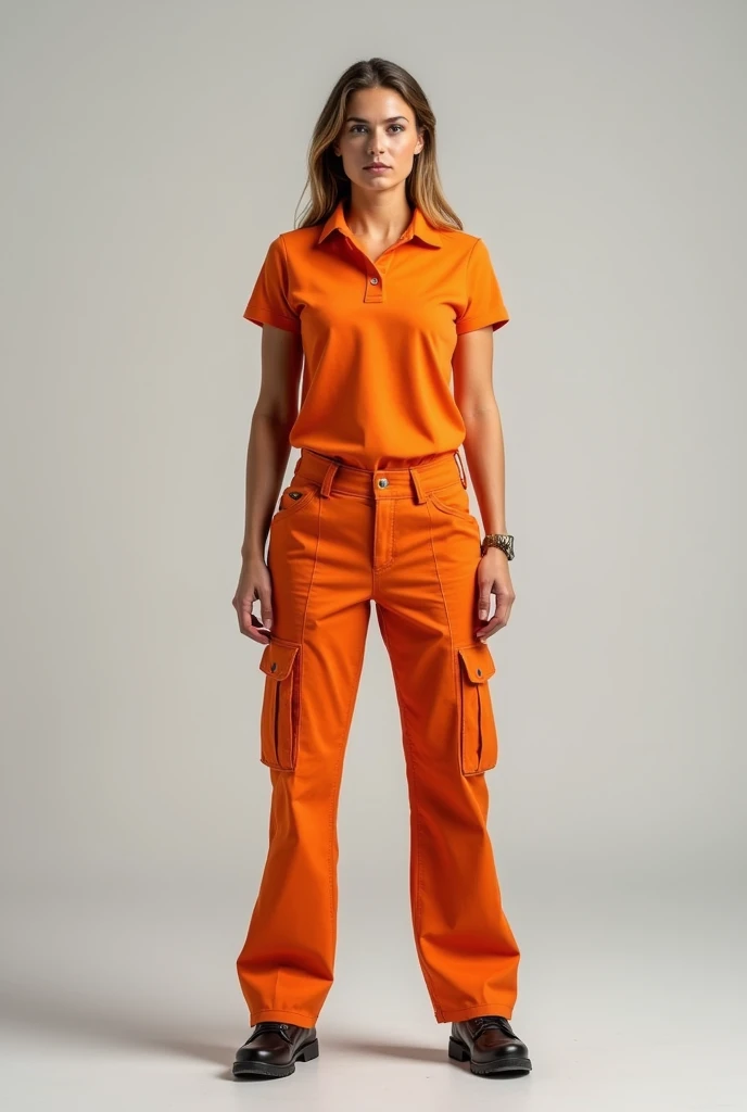 show full body tall woman in uniform of orange polo shirt and cargo pants