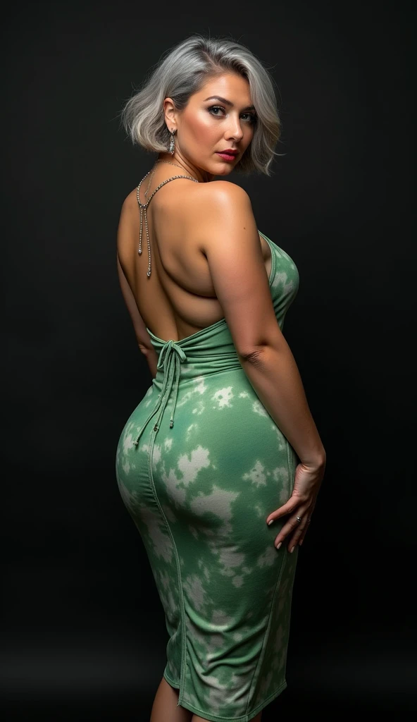 1 mature woman, 60 years old, older woman appearance, Alone, medium casual hair, bob hair, Curvy body, voluminous, hot, photo from behind, sticking her ass out, Looking at camera, gray hair, Bare shoulders, Brown eyes, jewelry, full body, a necklace, off the shoulders, (wearing elegant green printed tie-dye sheath dresses), Distant photo, realistic, One sexy, beautiful color, perfect skin, 3 bust size, 3 hip size, 3 ass size, (realistic, One high resolution), 1 beautiful sexy mature older woman, big expressive blue eyes, happy, (8K, RAW photo, best quality, high detail, curvy shapes, Curvy body, Seductive pose, in studio Photo with three door lighting, with black wall background she is with her back to the photographer.