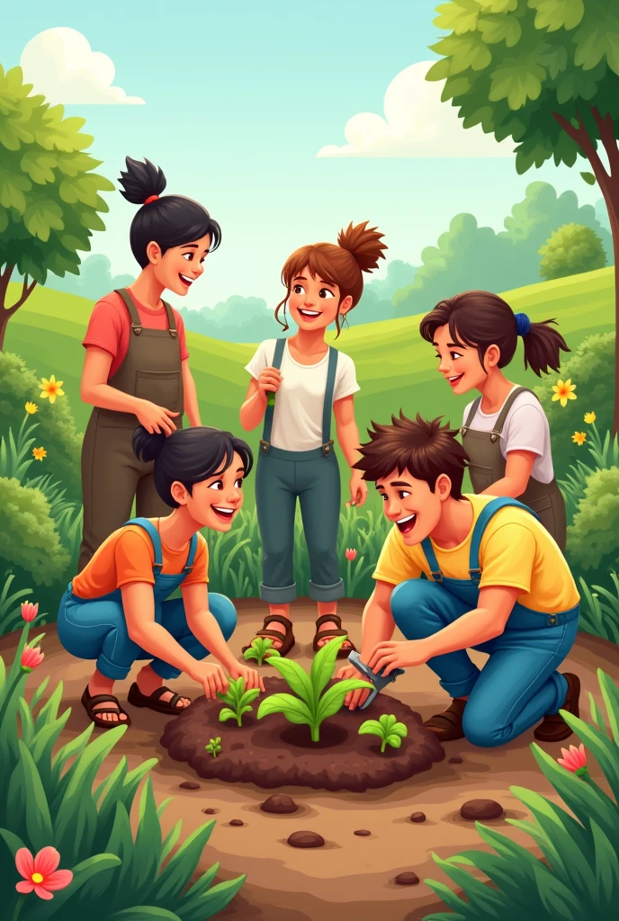Several people planting seeds. drawing style, filled line art, 2d.