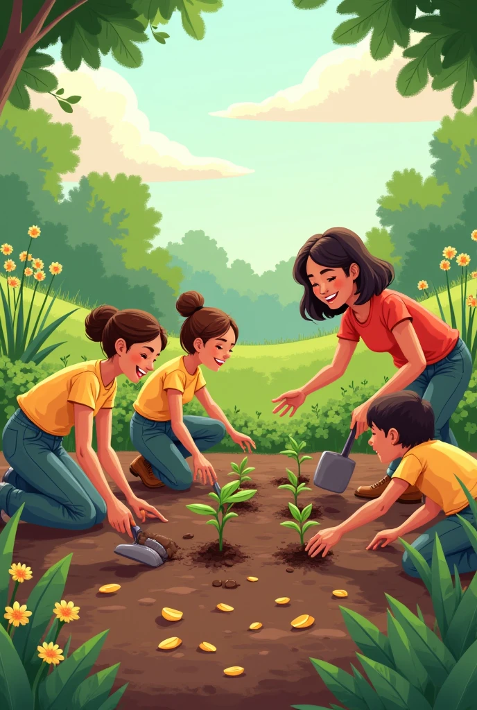 Several people planting seeds. drawing style, filled line art, 2d.