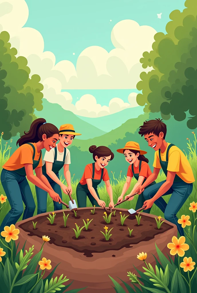 Several people planting seeds. drawing style, filled line art, 2d.