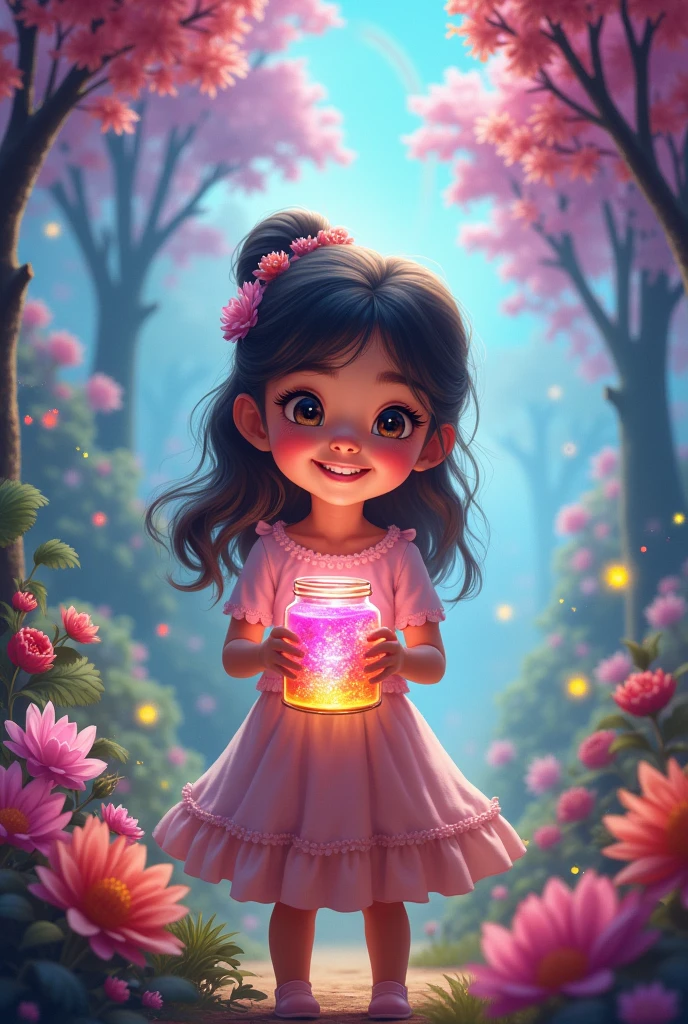 The girl stands with a shining smile on her face, holding a jar of magic paint in his hands. It is surrounded by a magical and colorful environment., with bright flowers, bright trees and sky, full of rainbows. 4k resolution
