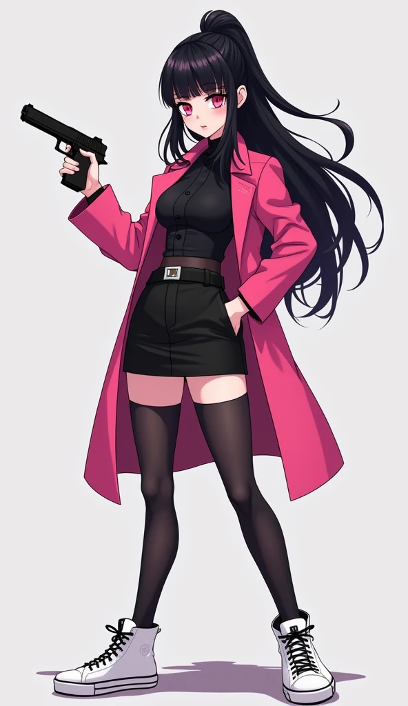 The young woman pink eyes long black hair wear a long pink coat, black shirt, black pencil skirt, black underpants, long black tights, black socks, white sneakers high top, holding a one handgun, pointing a gun, light grey background, cartoon novel, 4K, HD