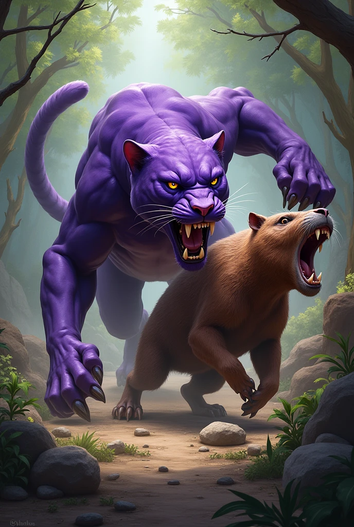 Make me a purple panther attacking a capybara