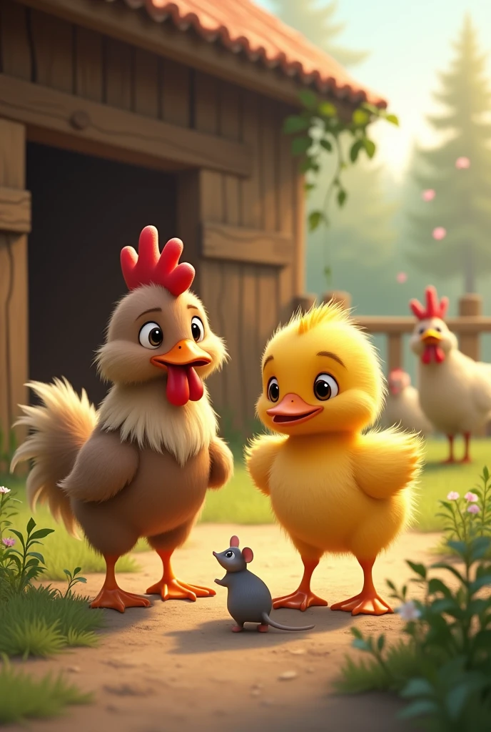 Generate an image of a yellow duck and a brown rooster friends with a little mouse outside the barn exploring, walking, meeting other animals


