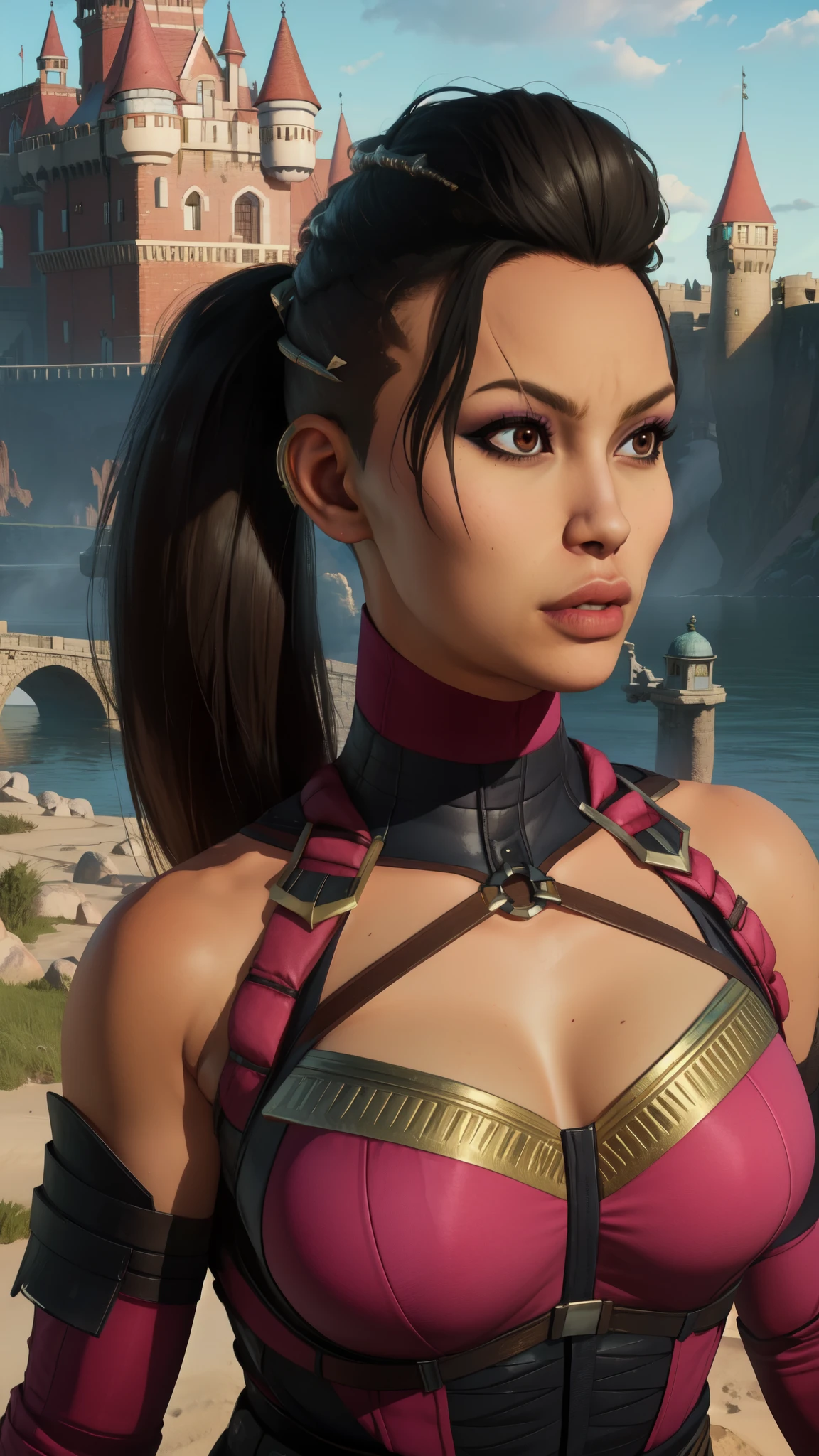 mileena, black hair, ponytail, lips,   brown eyes,
pink bodysuit, 
upper body, serious,  sitting, 
morning, royal castle, mortal kombat, 
(insanely detailed, beautiful detailed face, masterpiece, best quality), 