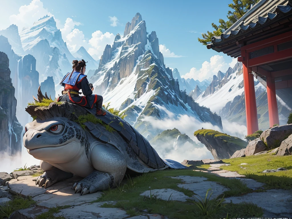 At the peaks of the Kingdom of Mountains, Xuanwu is a legendary turtle known as a wise hermit.. With a stone gray shell and a tree green pattern, Xuanwu blends into the mountainous landscape. Long tail, which ends with a black snake head, have intelligence and agile movements, often used to reach hidden places and protect oneself from danger. Xuanwu was able to control the ground and rocks around him, creating safe paths in hazardous terrain. Its presence is considered a symbol of wisdom and protection.. masterpiece