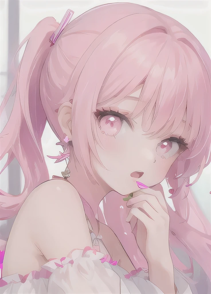 1 Girl, Solitary, Looking at the audience, Pink hair double ponytail, earrings, Jewelry, Pink Eyes, Open your mouth, Pink nails, Bangs, Upper Body, Nail polish, Bare shoulders, hy style, beautiful eyes