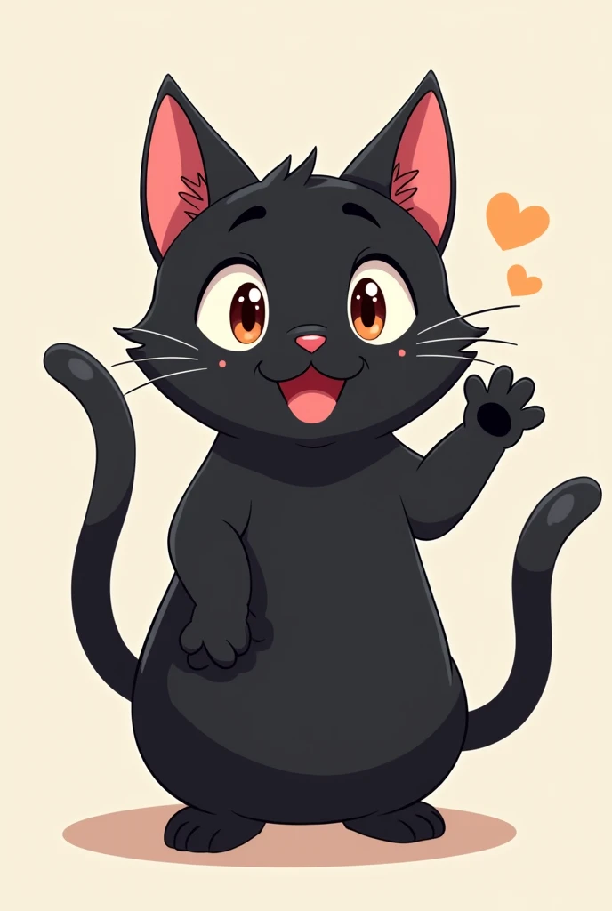 Black cat saying hello hand 👋, Smiling anime style
