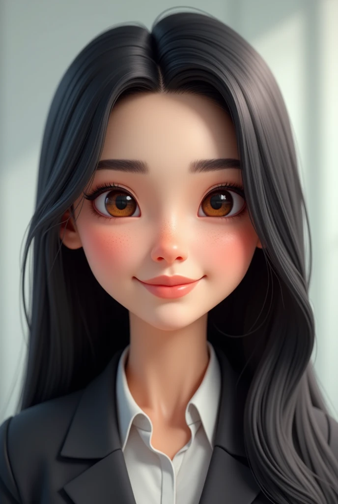 Create an image of a woman avatar with a round face, straight black hair and white skin, brown eyes with freckles on the nose, animation for a corporate image