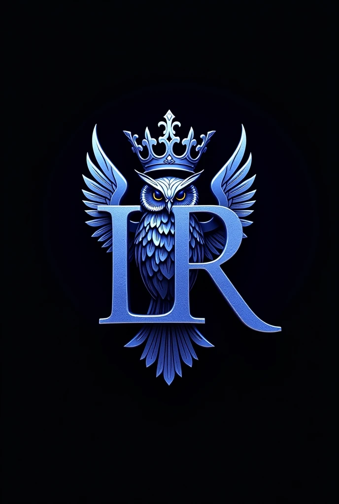 Metallic blue law firm logo with metallic violet LR licensed initials, Metallic owl and queen's crown, metallic color scales and black background