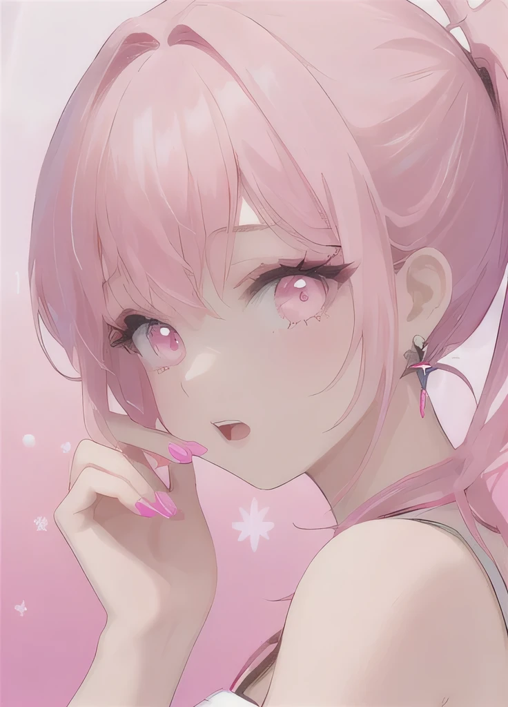 1 Girl, Solitary, Looking at the audience, Pink hair double ponytail, earrings, Jewelry, Pink Eyes, Open your mouth, Pink nails, Bangs, Upper Body, Nail polish, Bare shoulders, hy style, beautiful eyes