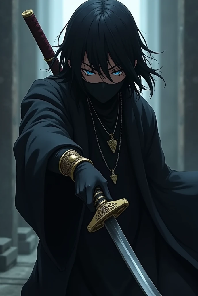 black anime character reaches out with necklace and ninja sword and shoulder length hair and wears a mask