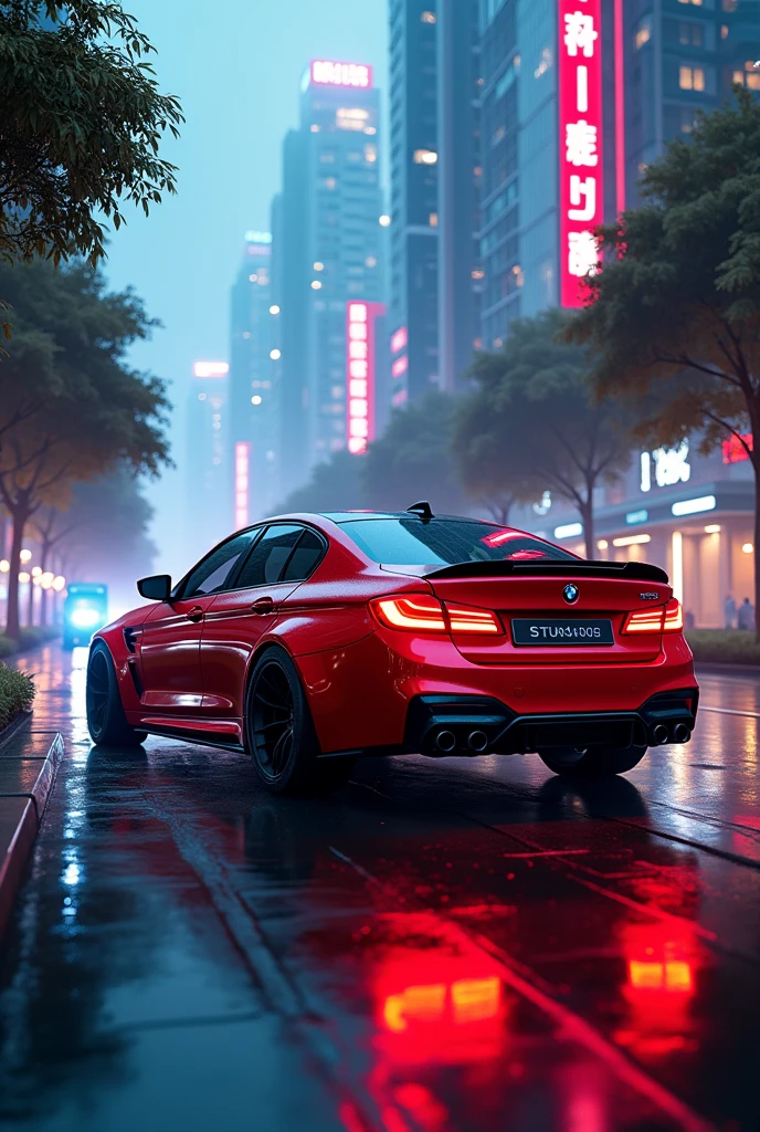 A bmw m5 in cyber city with red and blue mix
neon light in futuristic world driving in forest