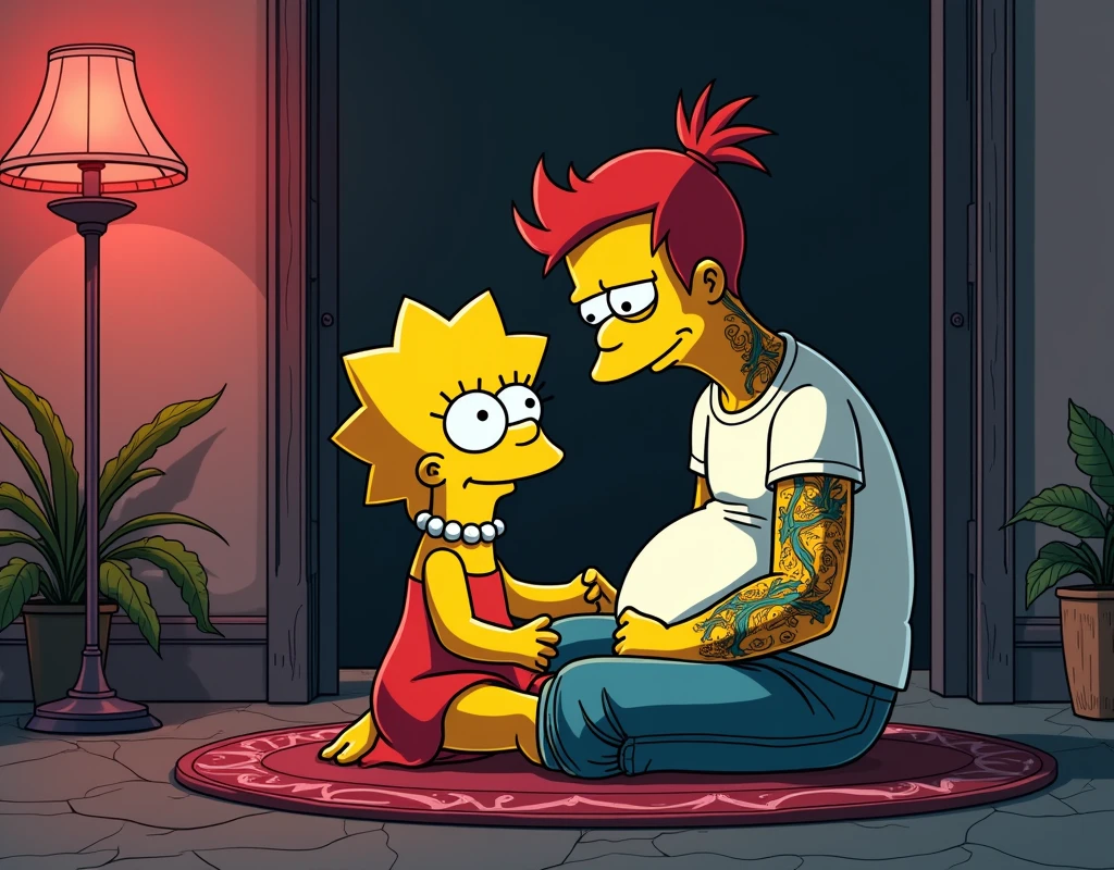 Lisa Simpson punk and tattooed. pregnant, and Milhause van Houten with a white t-shirt and tattoo, an image of Zack Snyder, tumblr, romanticism, filtered image, gothic film, Japanese live action film, without words 4k, without text, gothic art, super realistic photo, cyberpunk comic, super high resolution, in a cinematic gothic film still, cyberpunk style comics
